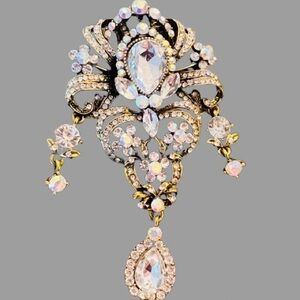 Vintage Brooch Pin Gold Tone AB Rhinestone Dangle Teardrop 4”